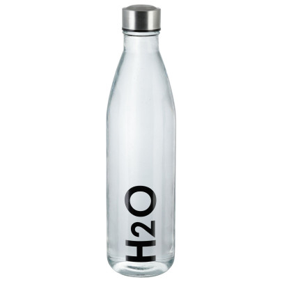 AXENTIA Glas Trinkflasche H2O 650 ml, Borosilikatglas mit Edelstahl-Deckel,  transparente Flasche mit schwarzem "H2O"-Aufdruck,