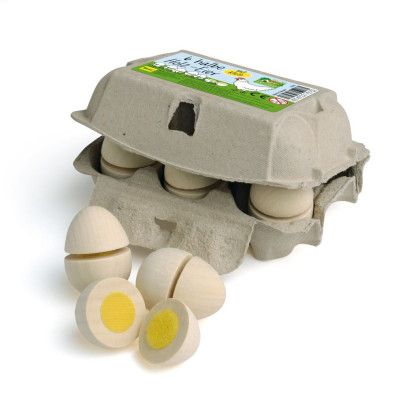 Erzi Eier zum Schneiden im Karton, Holz Spielzeug, Kaufladenzubehör, Spielzeug-Eier, Holz-Ei, gekochte Eier aus Holz, schneidbar 