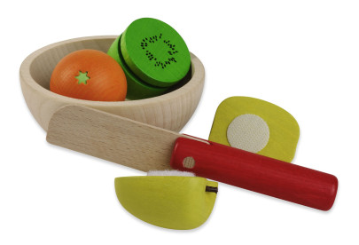 Erzi Obstsalat Holzspielzeug mit Schüssel aus Birke, sowie Messer, Apfel, Orange und Kiwi aus Buche 