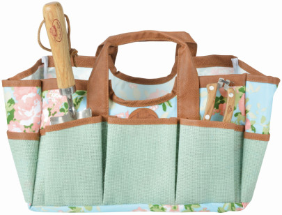 Esschert Design Jute Gartengerätetasche mit Rosendruck, 29 x 24 x 25 cm, mit zahlreichen Taschen, faltbar, mit Tragegurt 