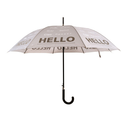 Rivanto® Regenschirm Reflektor "Hello" aus Schriftzug in verschiedenen Sprachen, Ø 105 x 85,1 cm, Polyester beige, Kunststoffgriff schwarz 