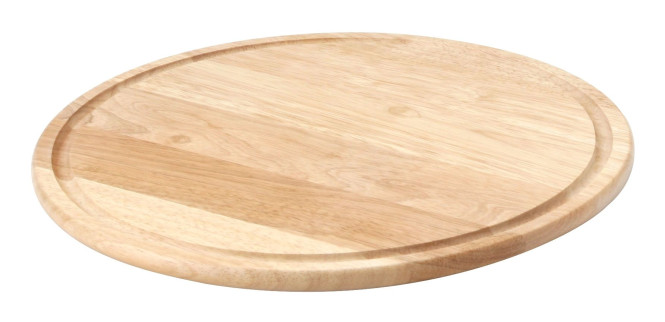 4 Stück Continenta Holz Pizzateller aus Gummibaumholz mit Rille für Flüssigkeiten, Pizzabretter, Holzteller, Größe: Ø 33