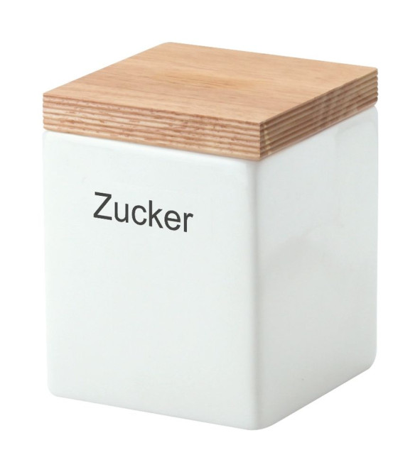 Continenta Zucker Vorratsdose aus Keramik, quadratisch, mit Holzdeckel, 10 x 10 x 12,5 cm, 0,8 Liter