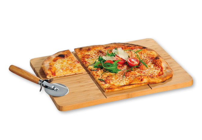 Kesper Pizzaliebhaber ECKIG Set aus rechteckigem Pizzateller und Pizzaschneider, XXL Pizzateller 40 x 30 cm aus FSC-Bamb