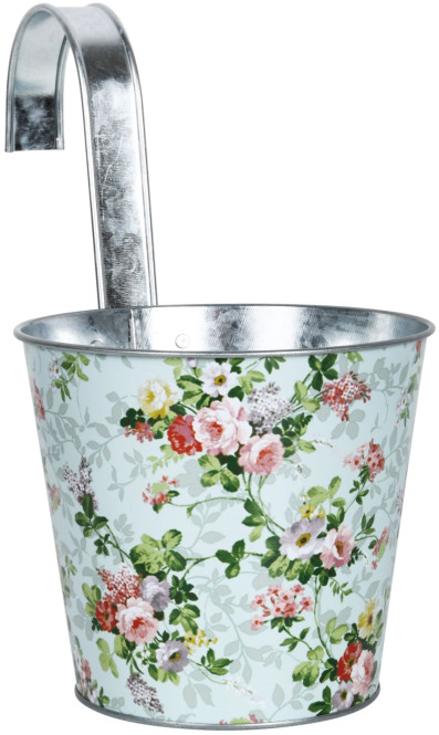 Rivanto® Blumentopf mit Rosendruck, mit Haken, Ø 15,9 x 26 cm, mit Haken, ca. 10 cm lang, verzinkter Stahl, innen hochgl