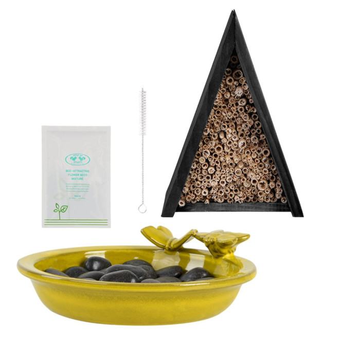 Rivanto® Bienen Komplettpaket, Bienenhaus, Ø30 cm Trinkschale, Saatmischung, Insektenhotel Set mit Futterschale