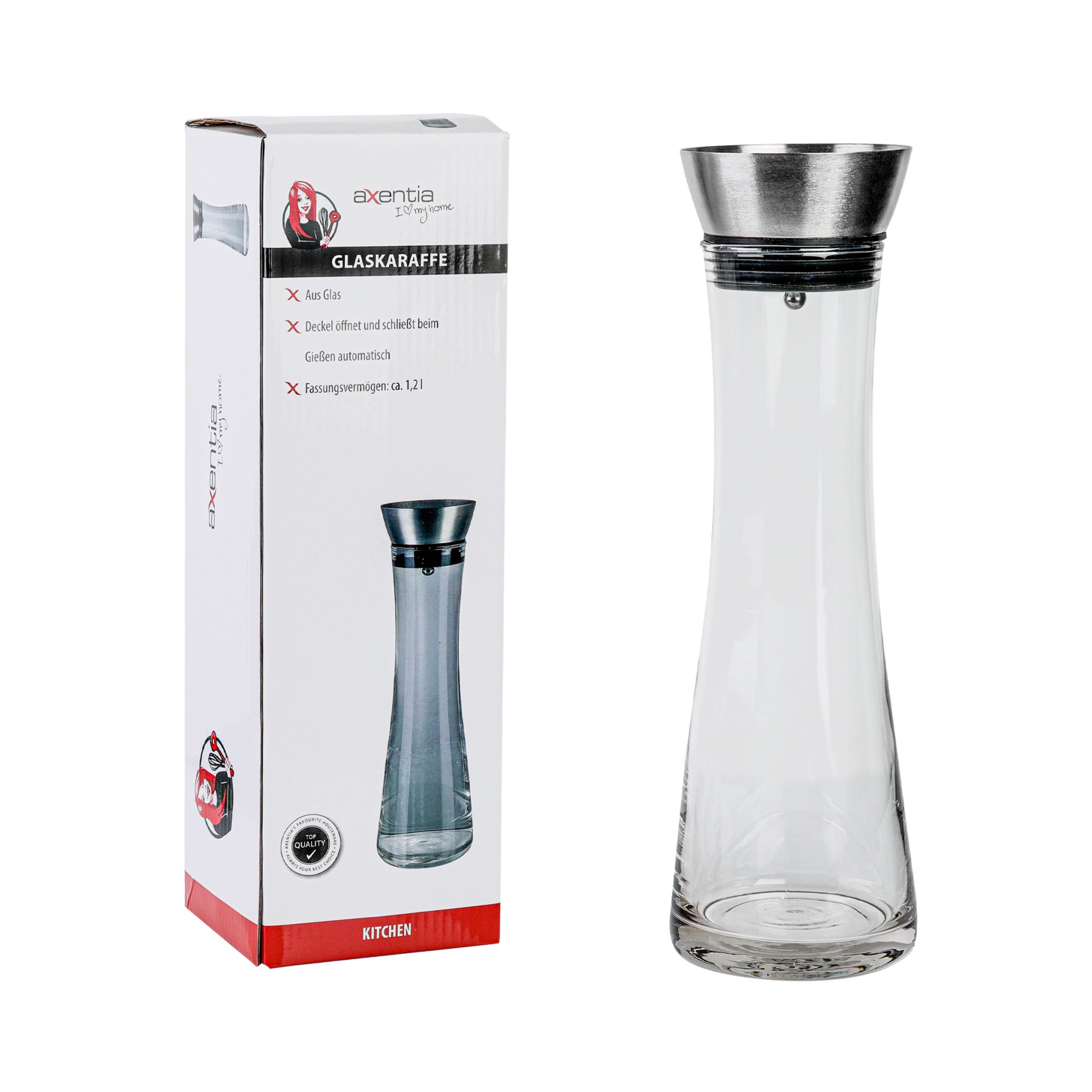 AXENTIA Glas-Glaskaraffe 1200 ml mit Edelstahldeckel, Ø 10 x H34 cm, Wasser  Kanne mit präzisem