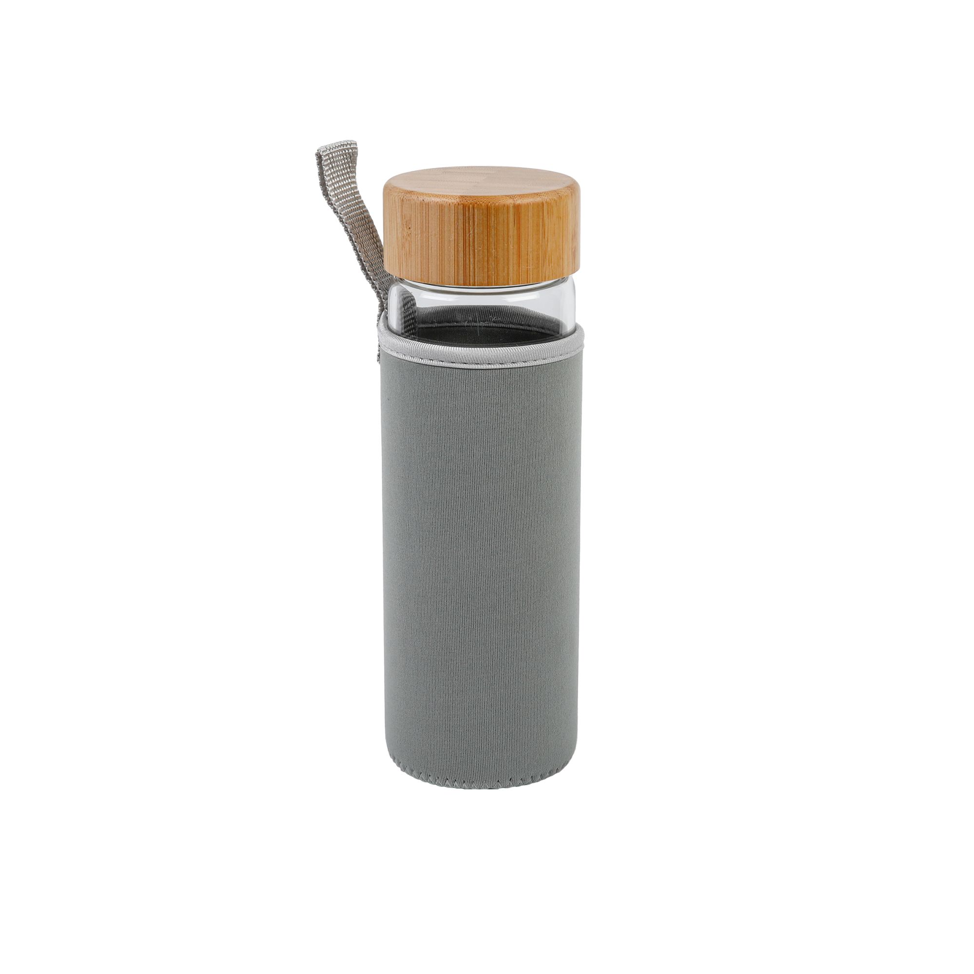 Axentia Glas-Trinkflasche mit Bambusdeckel, 420 ml, Polyestertasche grau,  robustes Borosilikatglas, Ø 6,5 x H20