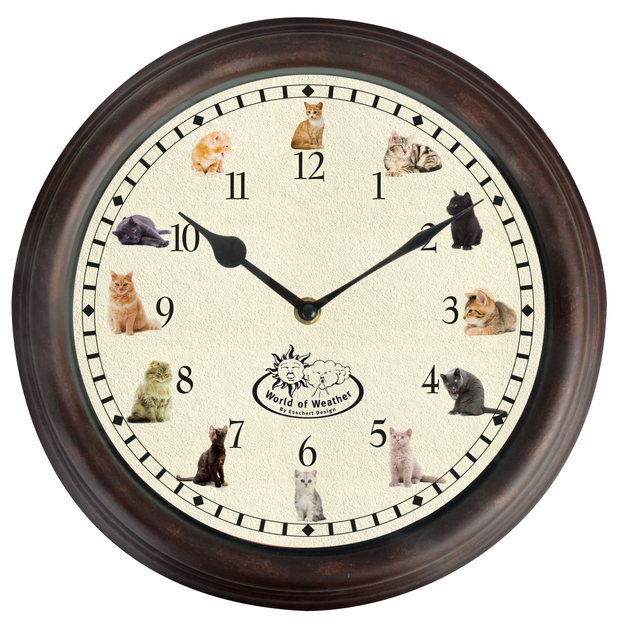 Esschert Design Uhr mit Katzengeräuschen Ø 30 cm, Wanduhr mit Sounds,  Kunststoff