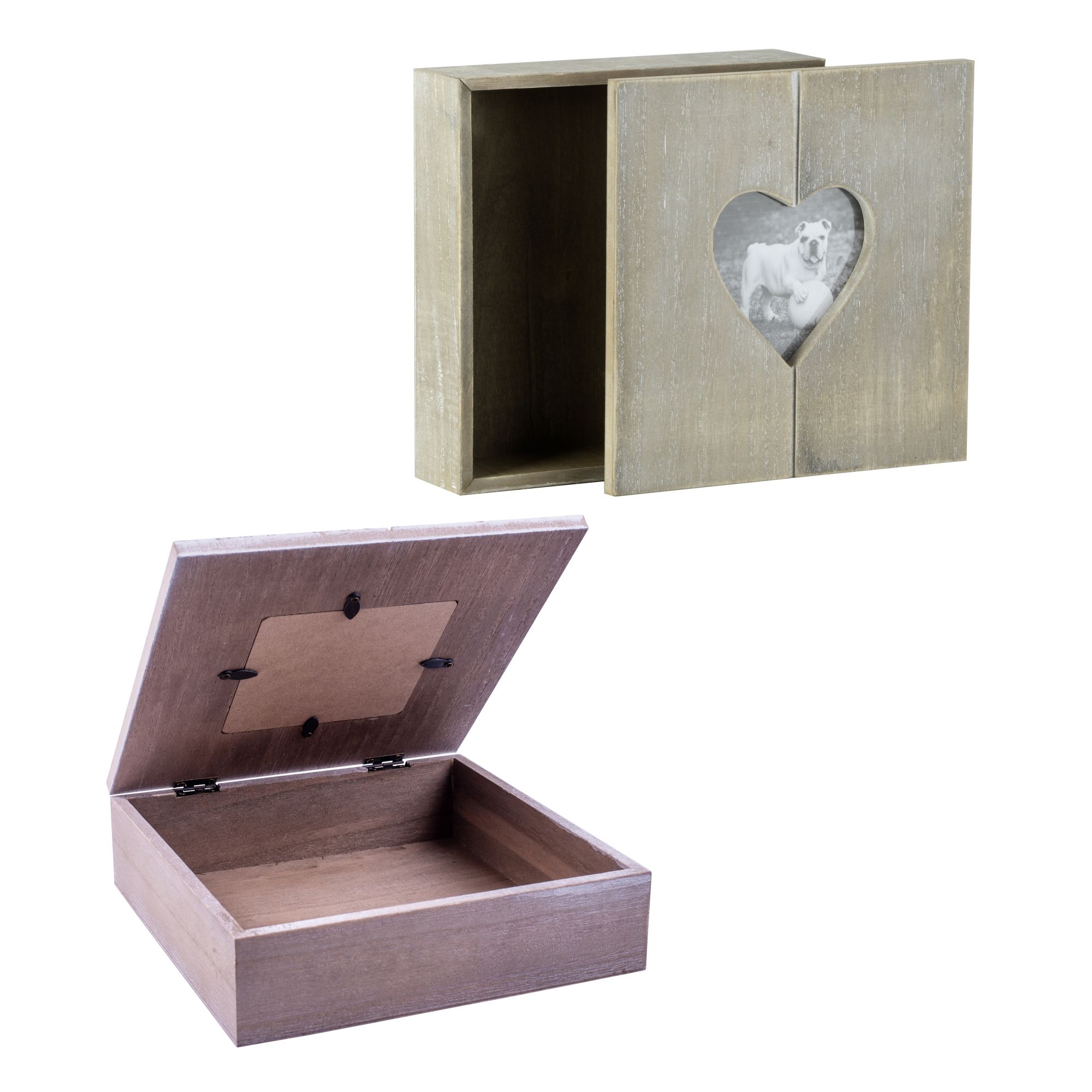 Rivanto® Holz-Geschenkbox mit Herz-Bilderrahmen, Fotobox, Holzbox  ,Holzschatulle, Holzschachtel, Schmuckkästchen mit Herzmotiv, 20 x