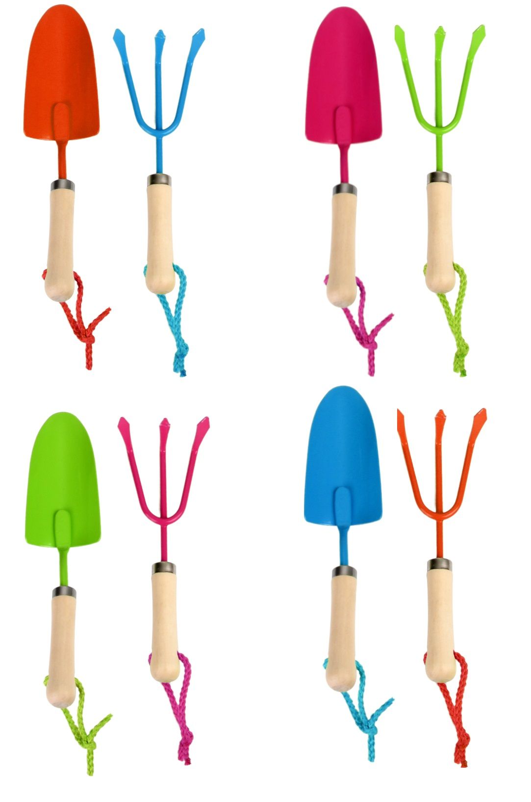 Rivanto® Kinder Gartenschaufel und Harke, Gartenwerkzeug Set für Kinder,  Holzstiel mit Metallaufsatz, Aufhängeöse, trendige Farben,