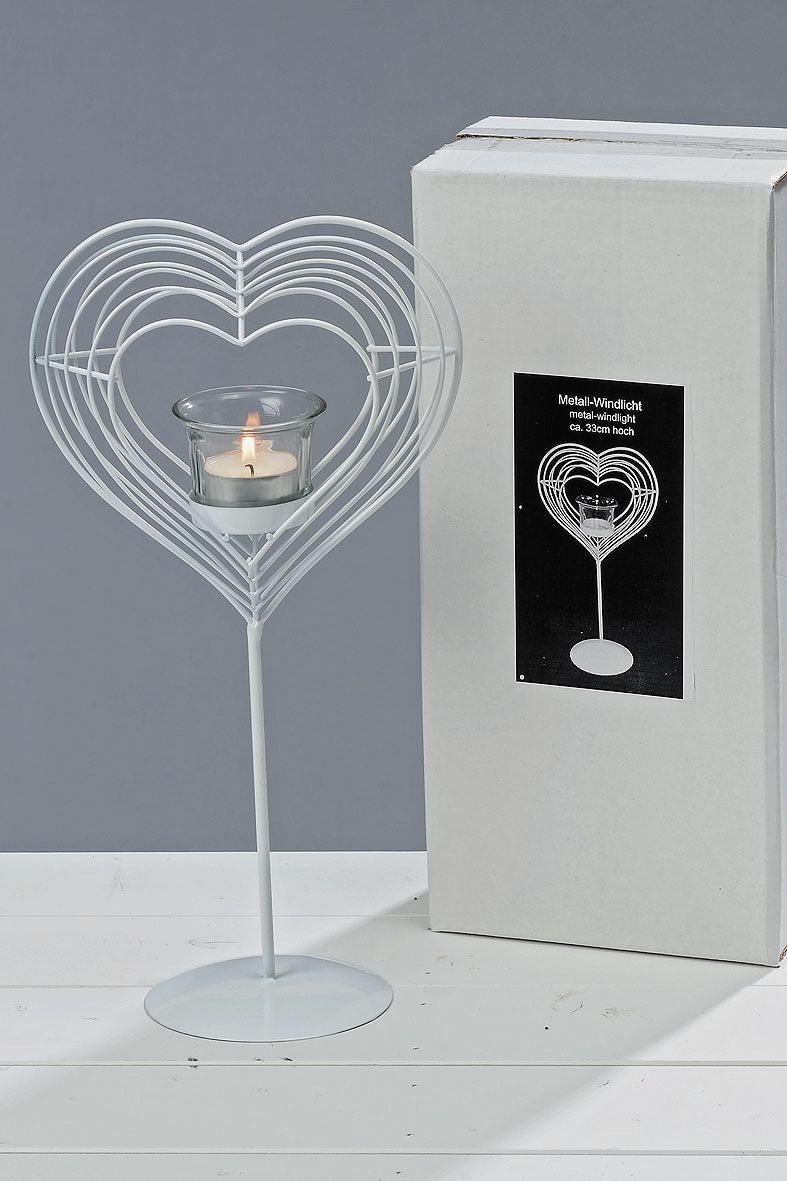 Windlicht, Teelichthalter in Herzform auf Fuß in weiß aus Metall mit  Glaseinsatz, 1 Stück, ca. 18